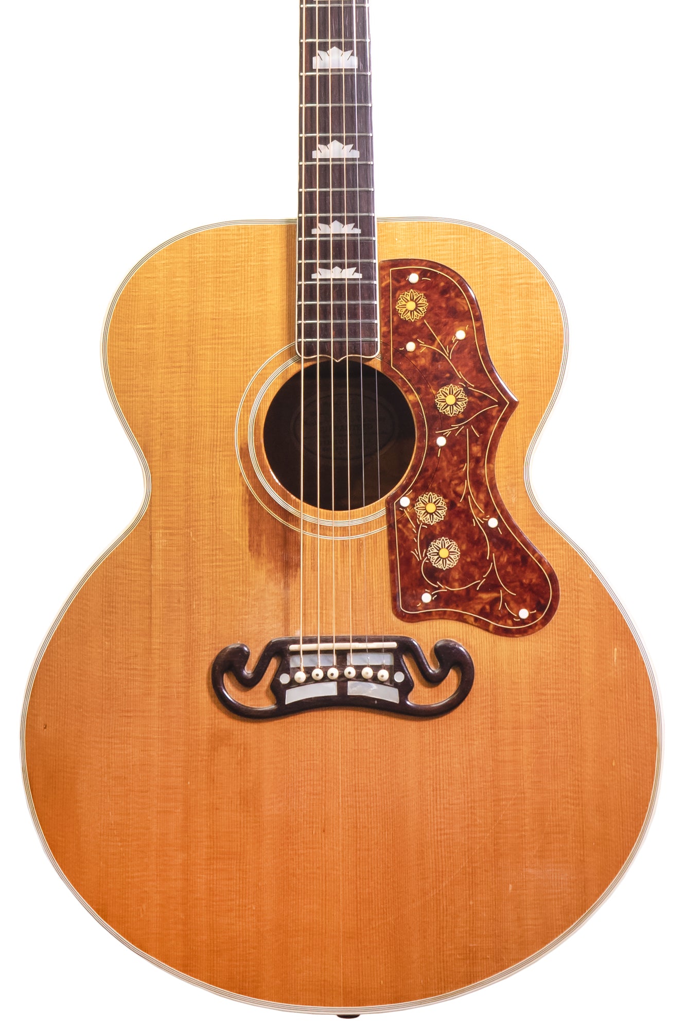 closeup of vintage 1953 Gibson SJ-200 jumbo acoustic guitar