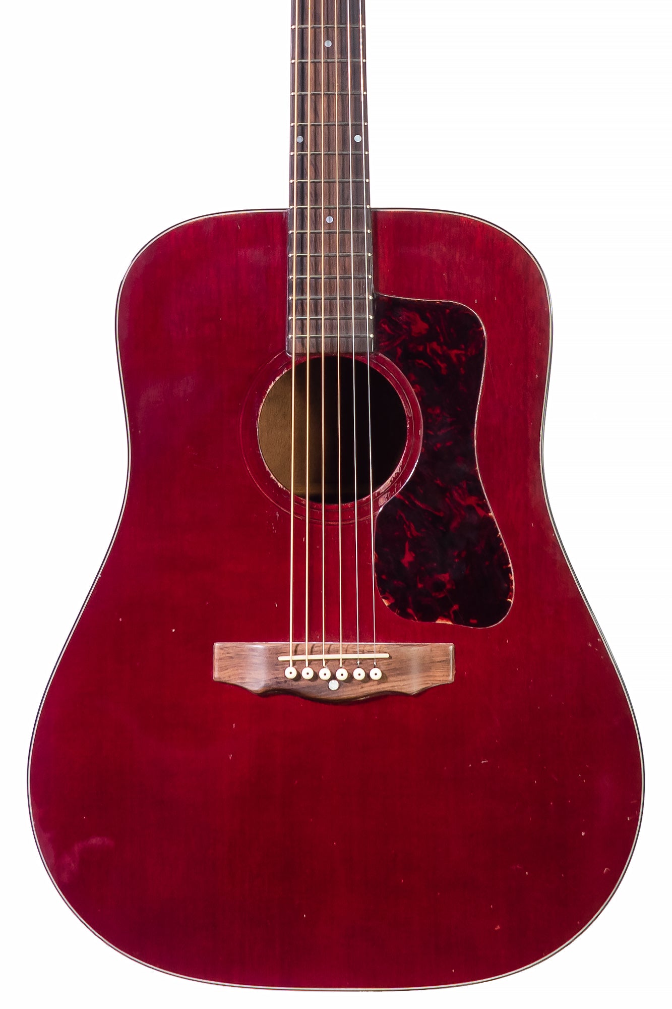 closeup of a vintage 1972 Guild D25 acoustic guitar