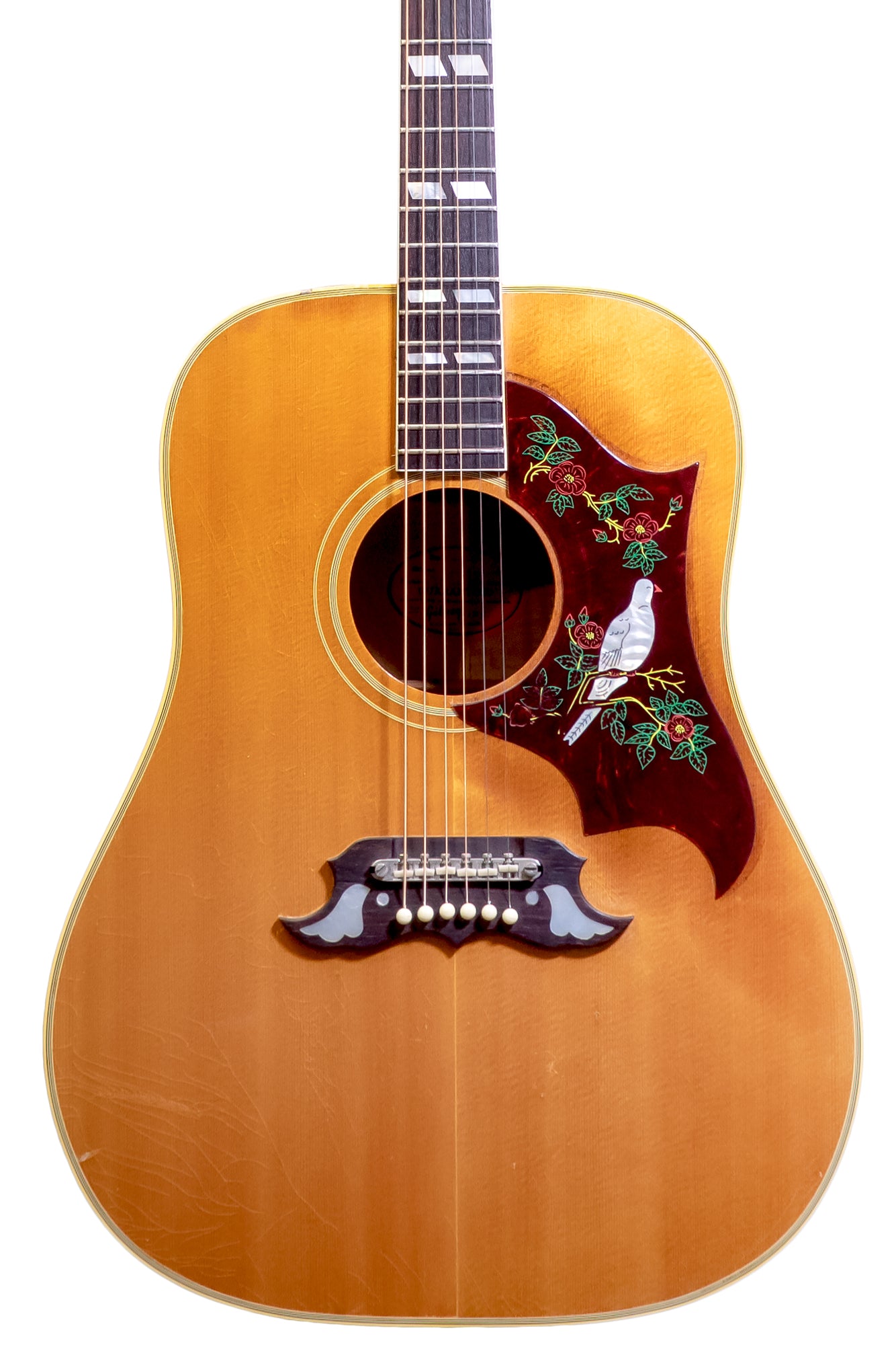 closeup of a Vintage 1965 Gibson Dove acoustic guitar
