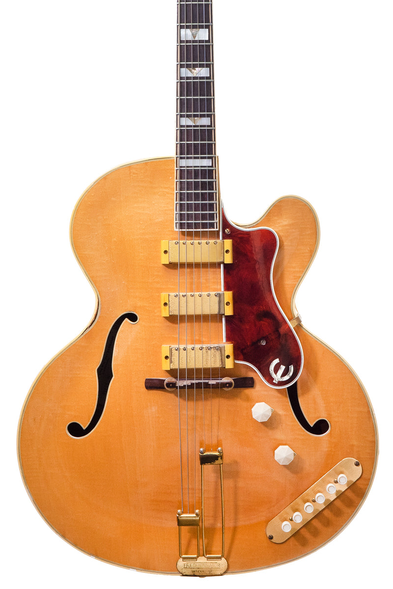 close-up of a vintage 1952 Epiphone Zephyr Emperor Regent archtop guitar