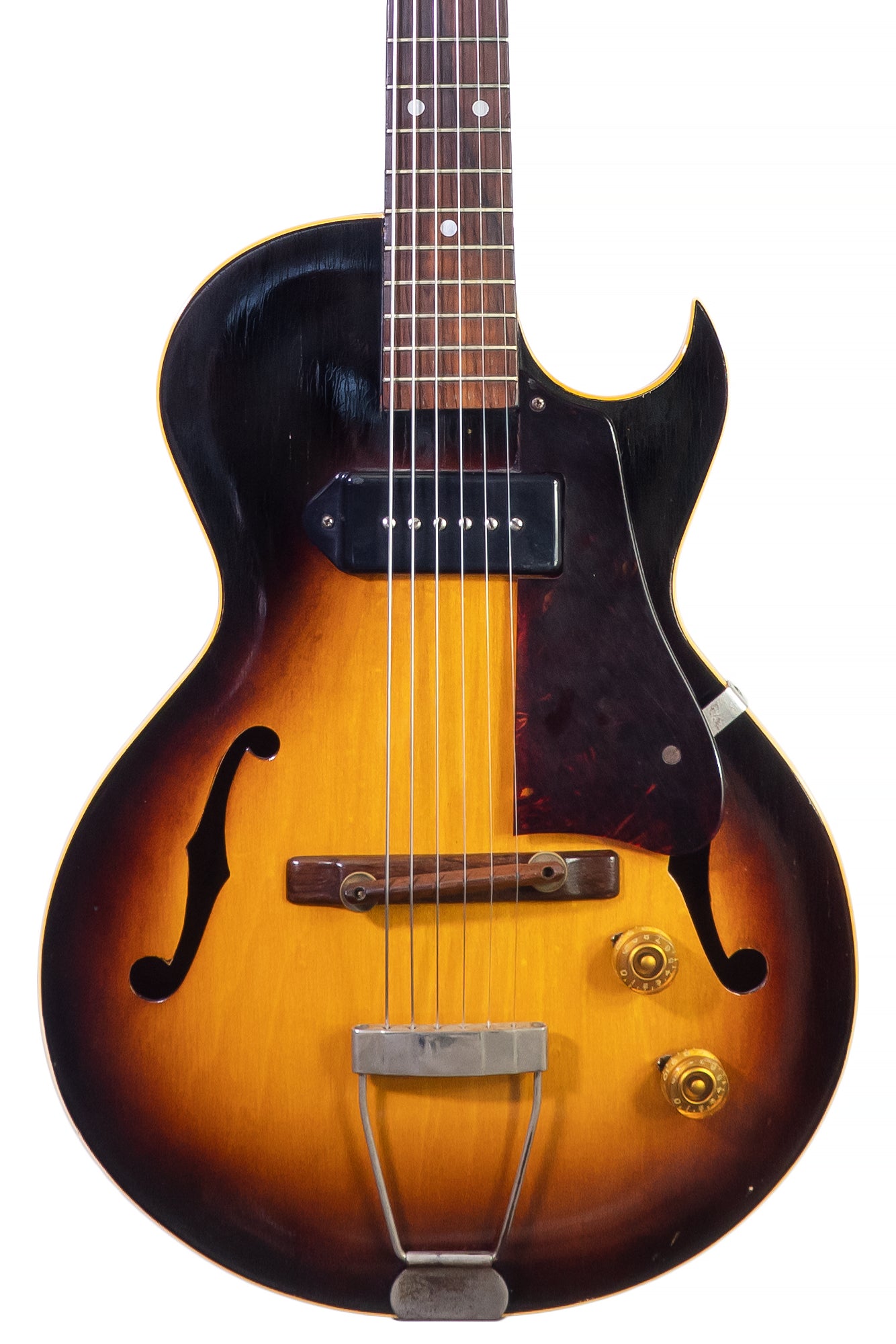 closeup of a vintage 1954 Gibson ES-140 electric archtop guitar