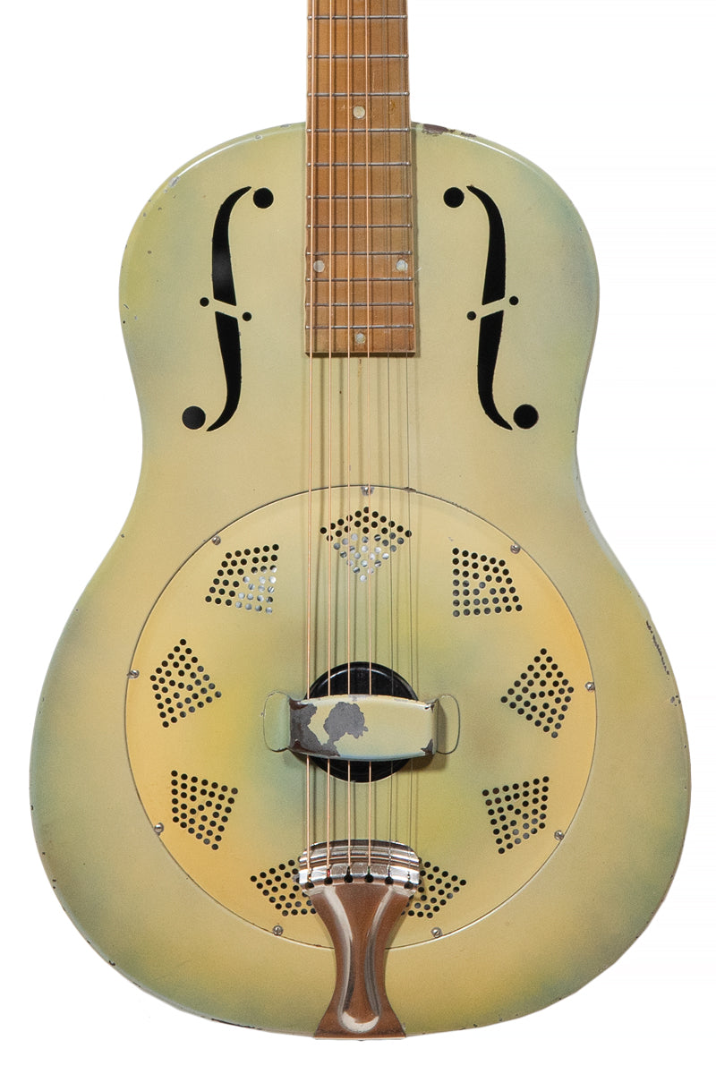 Vintage National Triolian Polychrome Hawaiian blues guitar closeup of cone