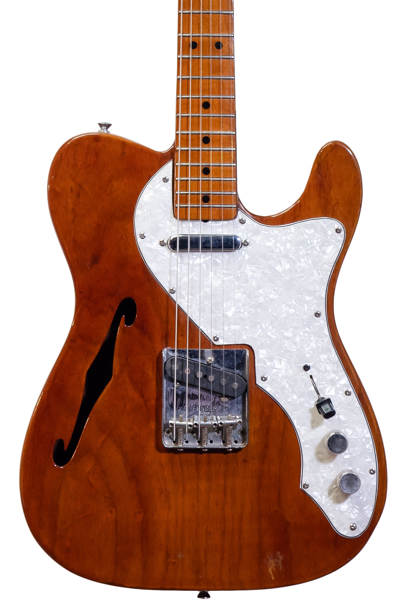 closeup of a Vintage 1969 Fender Telecaster Thinline original electric guitar