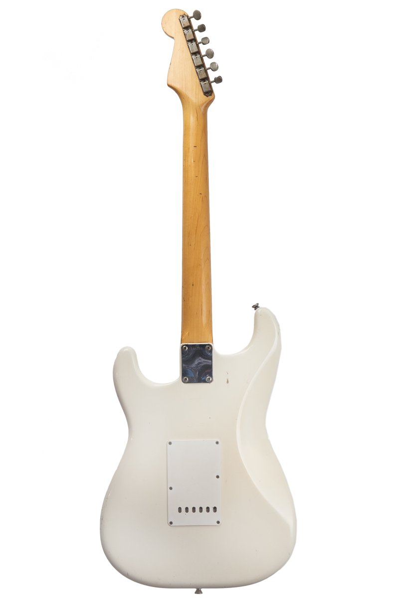 back of an original vintage 1963 Fender Stratocaster - Olympic White electric guitar
