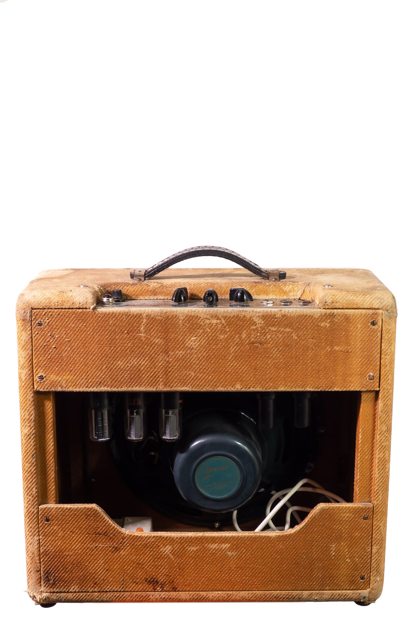 back and internals of a vintage 1949 Fender Deluxe guitar amplifier
