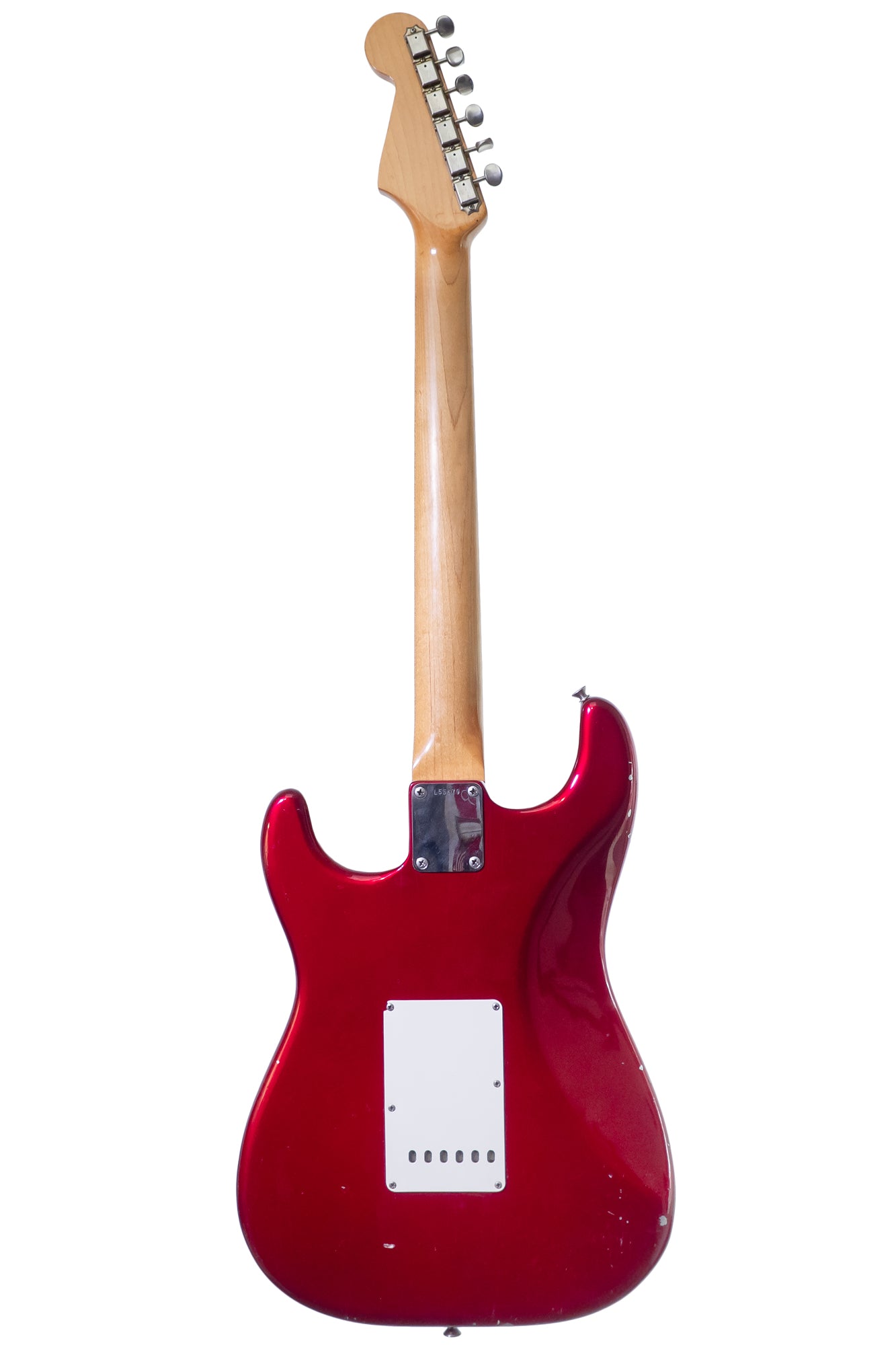 back of a Vintage 1965 Fender Stratocaster electric guitar in candy apple red