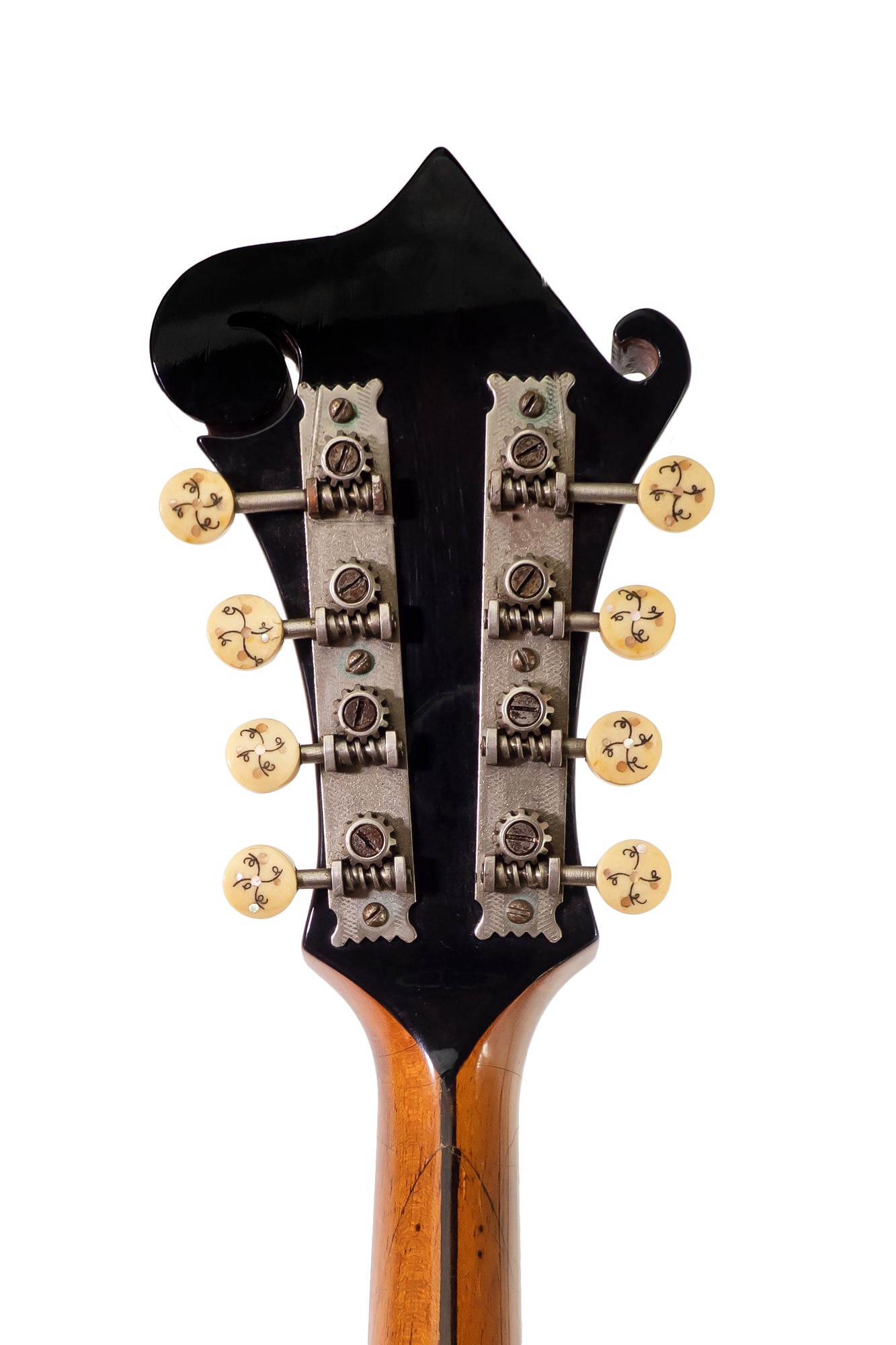 back of vintage 1908 Gibson F2 Mandolin headstock