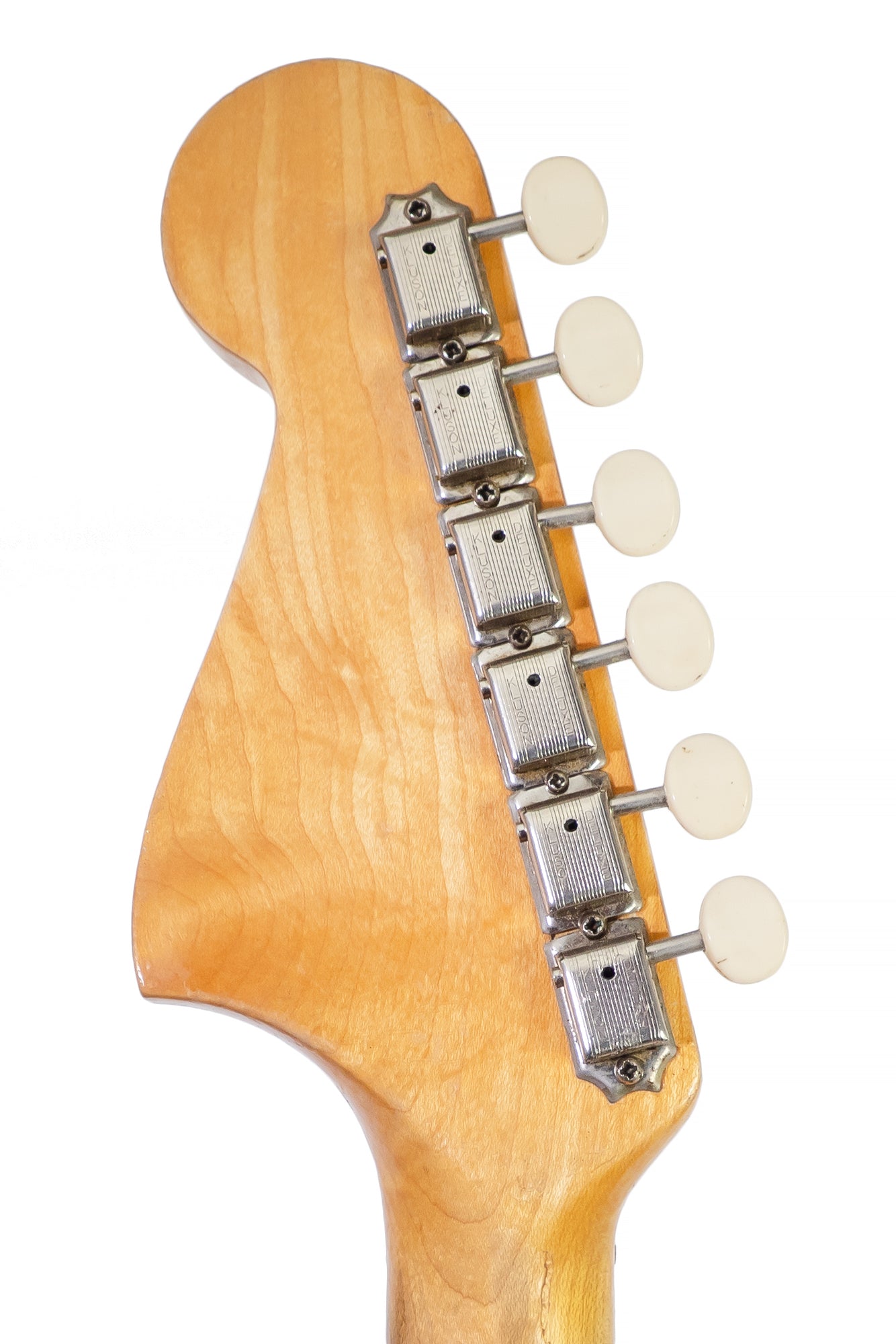 tuners from a Vintage 1965 Fender Mustang electric guitar in blue
