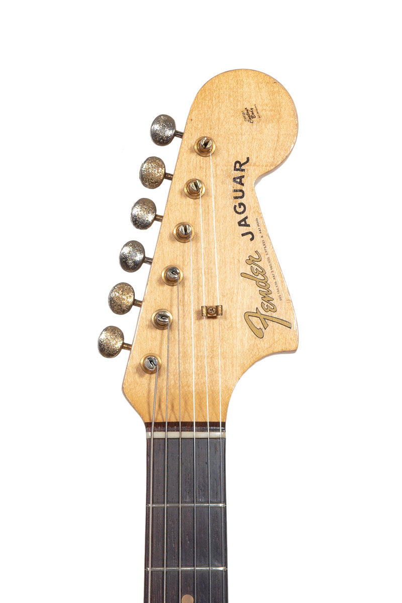 headstock form a Vintage 1963 Fender Jaguar electric guitar in white