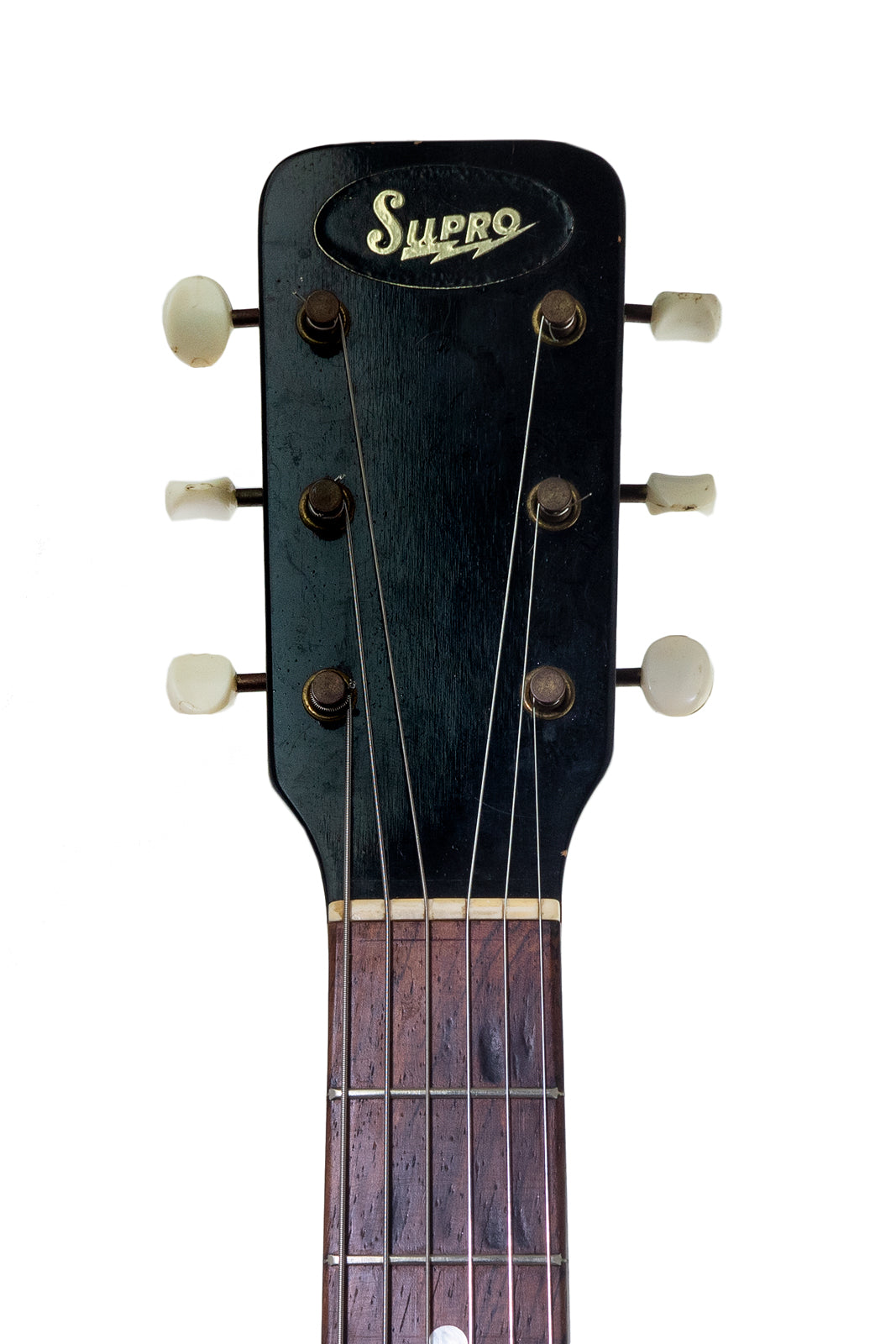 headstock from a vintage 1959 Supro Super electric guitar