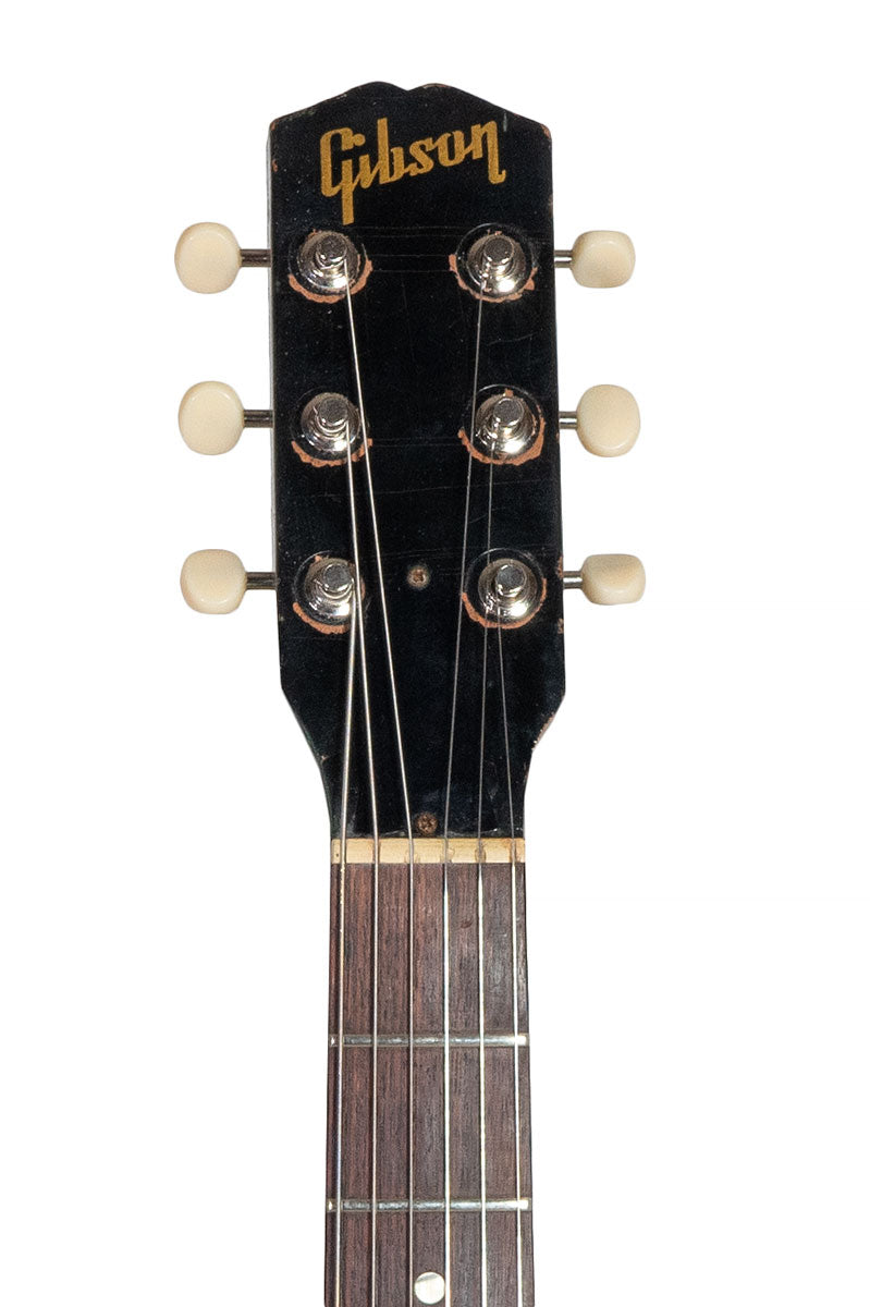headstock from a Vintage 1967 Gibson Melody Maker electric guitar in Pelham blue finish
