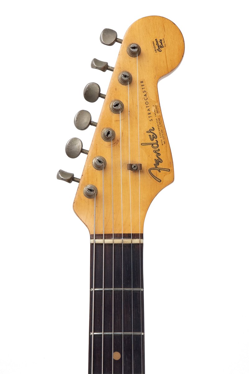 headstock from an original vintage 1963 Fender Stratocaster - Olympic White electric guitar