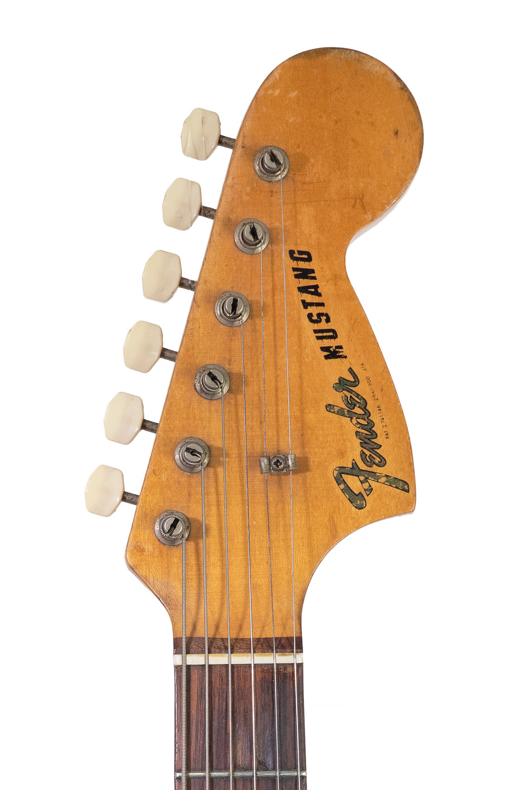 headstock from a vintage 1966 Fender Mustang electric guitar in blue