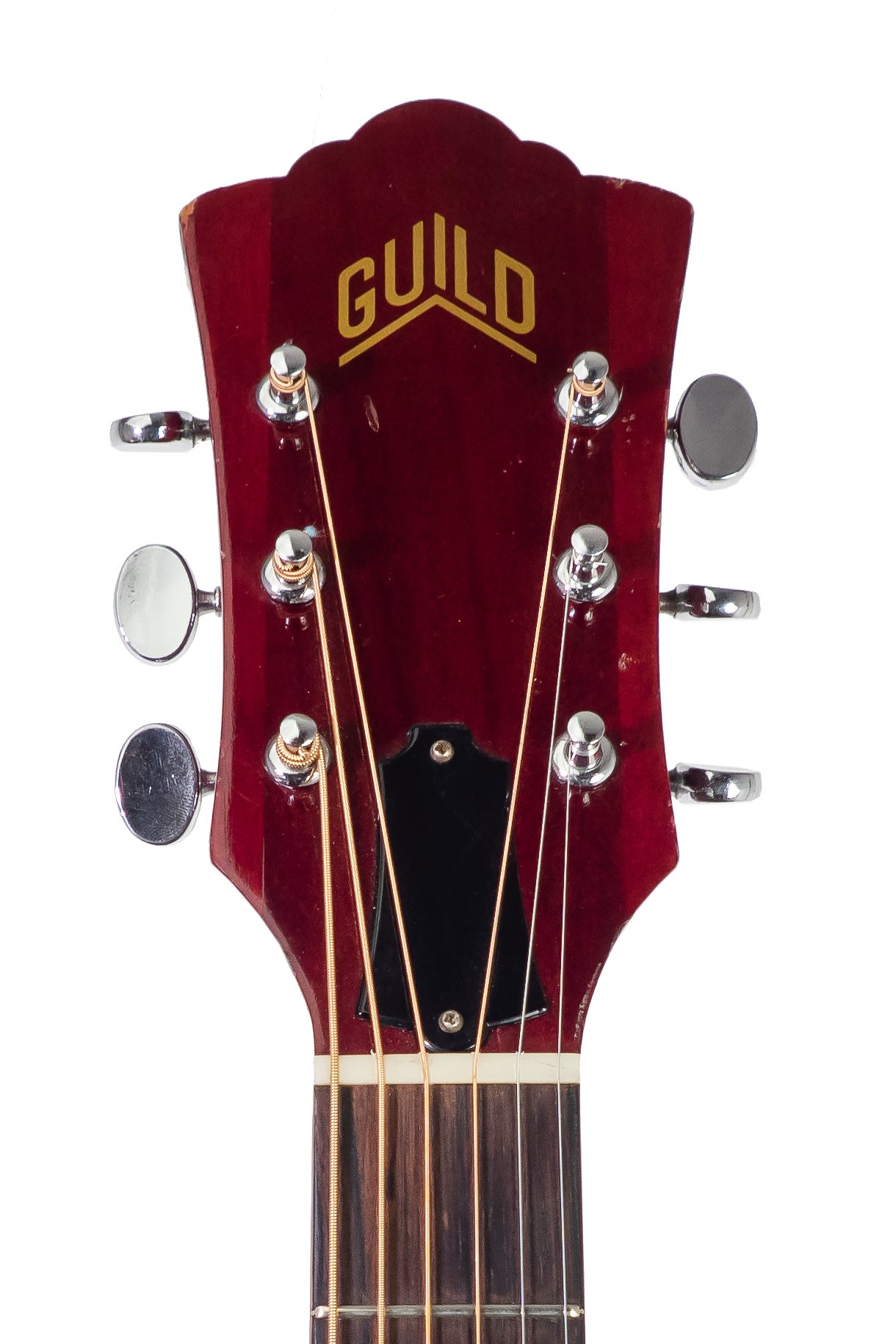 headstock from a vintage 1972 Guild D25 acoustic guitar