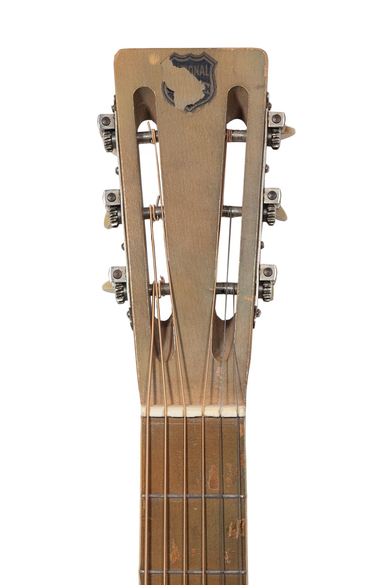 headstock of Vintage National Triolian Polychrome Hawaiian blues guitar
