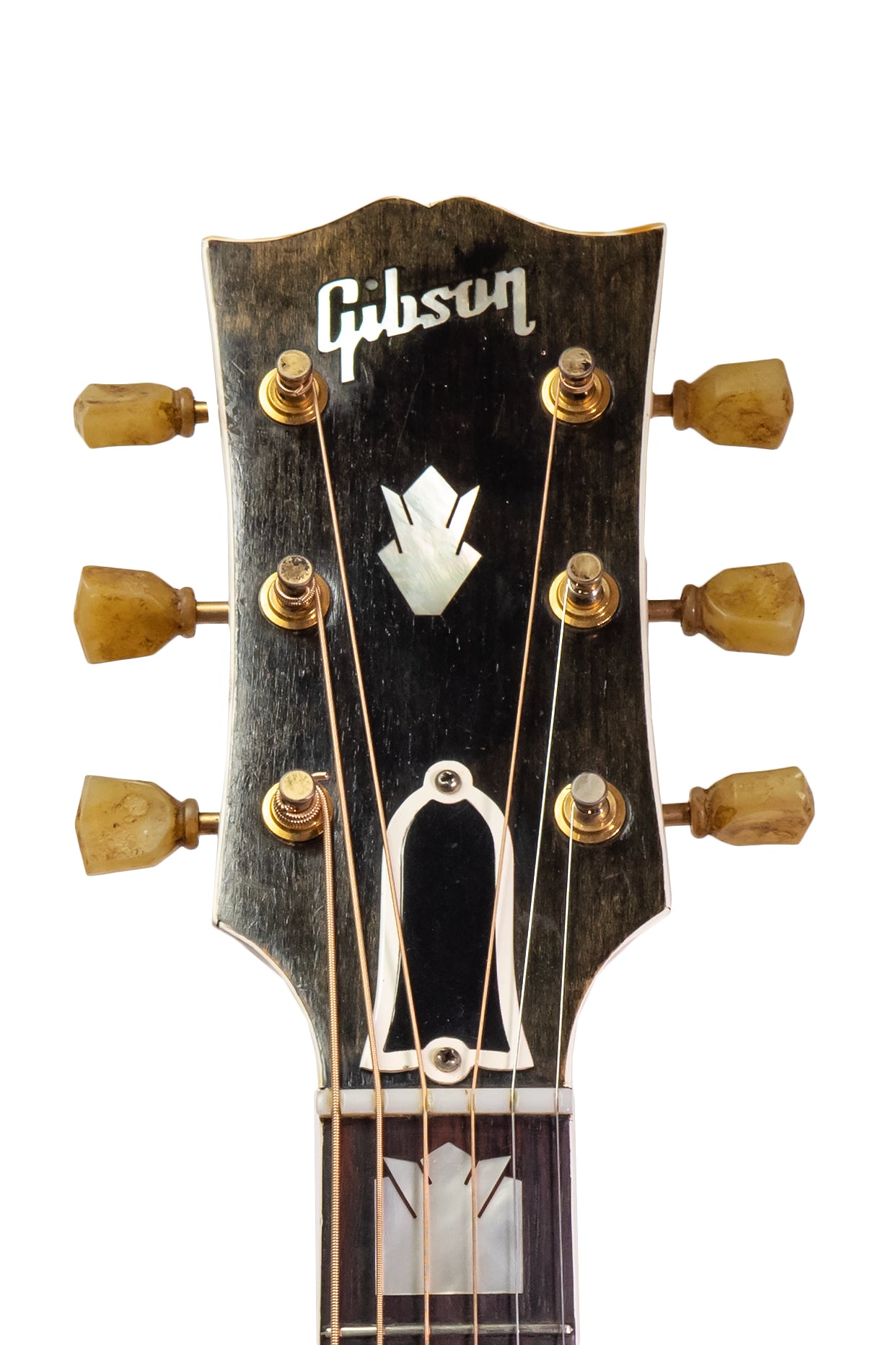 headstock from a vintage 1953 Gibson SJ-200 jumbo acoustic guitar