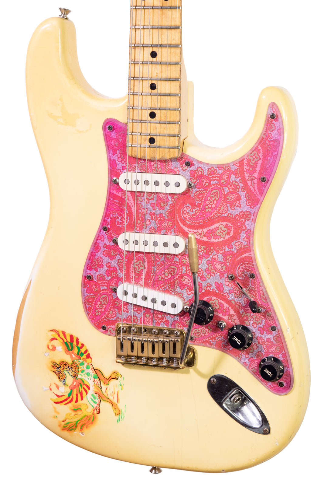 Vintage 1976 Fender Stratocaster electric guitar with pink paisley pick guard
