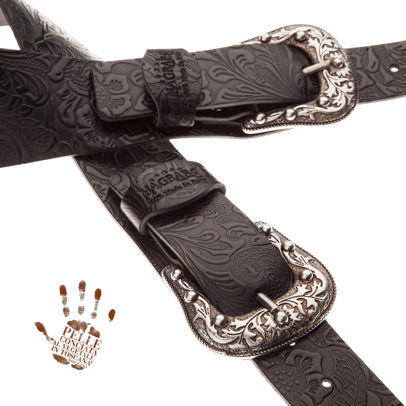 Magrabo Twin Buckle TC Embossed Flores Black 7 cm Sun Silver buckle