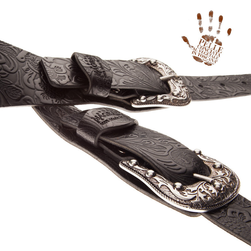 Magrabo Twin Buckle TC Embossed Flores Black 7 cm Sun Silver buckle