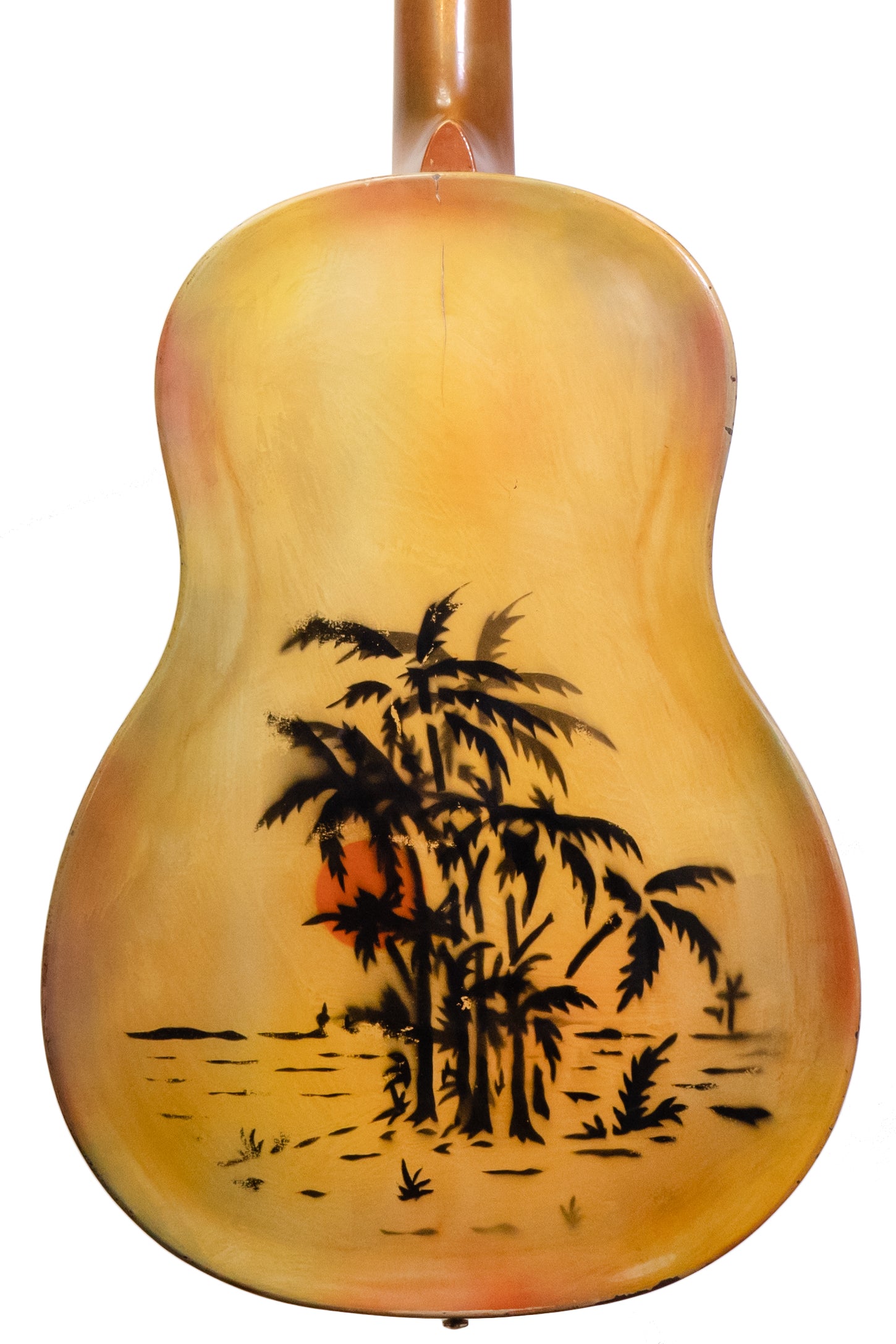 Vintage 1929 National Polychrome Triolian blues guitar closeup of palm trees and sunrise