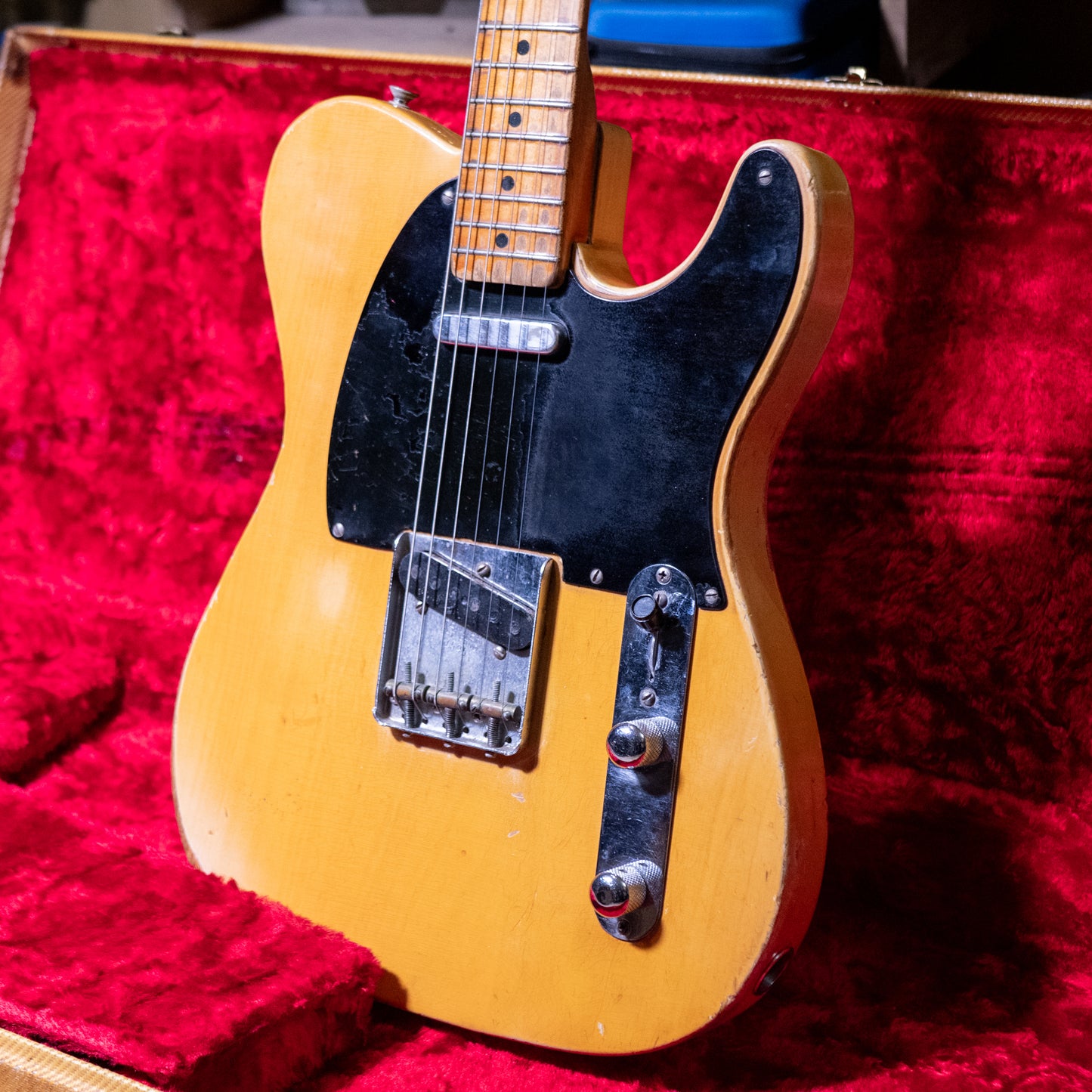 vintage 1952 Fender Telecaster electric guitar closeup in original case