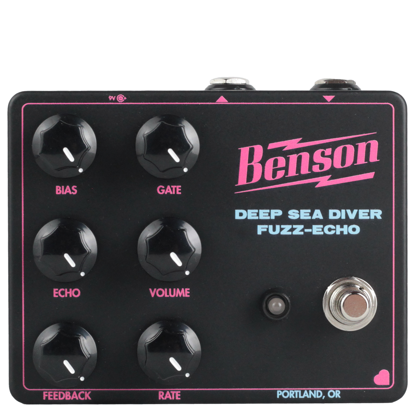 Benson Amps Deep Sea Diver Fuzz-Echo - front. Black enclosure with hot pink and blue decals. 6 control knobs