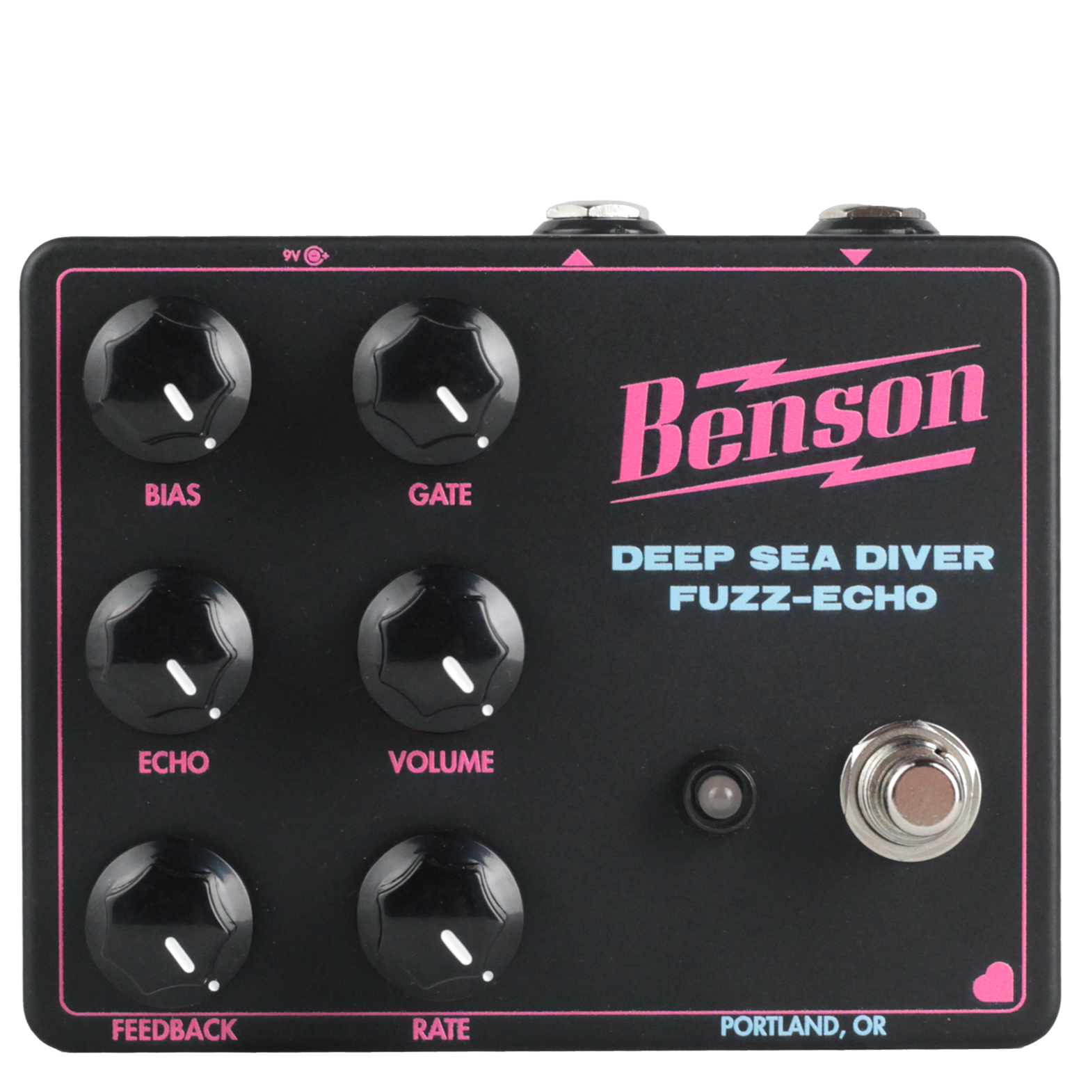 Benson Amps Deep Sea Diver Fuzz-Echo - front. Black enclosure with hot pink and blue decals. 6 control knobs