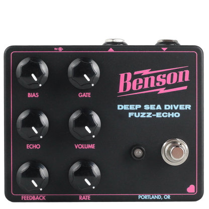 Benson Amps Deep Sea Diver Fuzz-Echo - front. Black enclosure with hot pink and blue decals. 6 control knobs