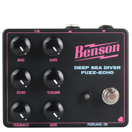 Benson Amps Deep Sea Diver Fuzz-Echo - front. Black enclosure with hot pink and blue decals. 6 control knobs