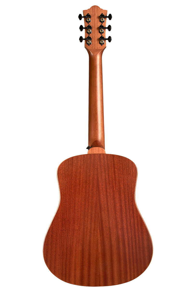 back of a Guild Traveler travel size dreadnought acoustic guitar in natural mahogany