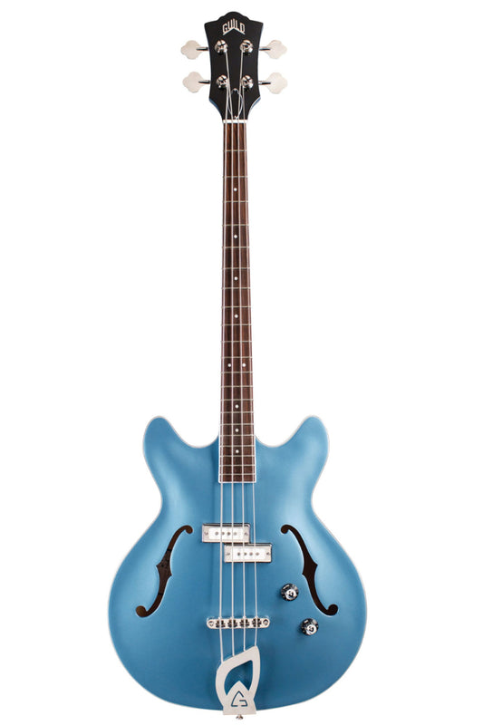 front of a Guild Starfire 1 Hollowbody bass finished in Pelham Blue