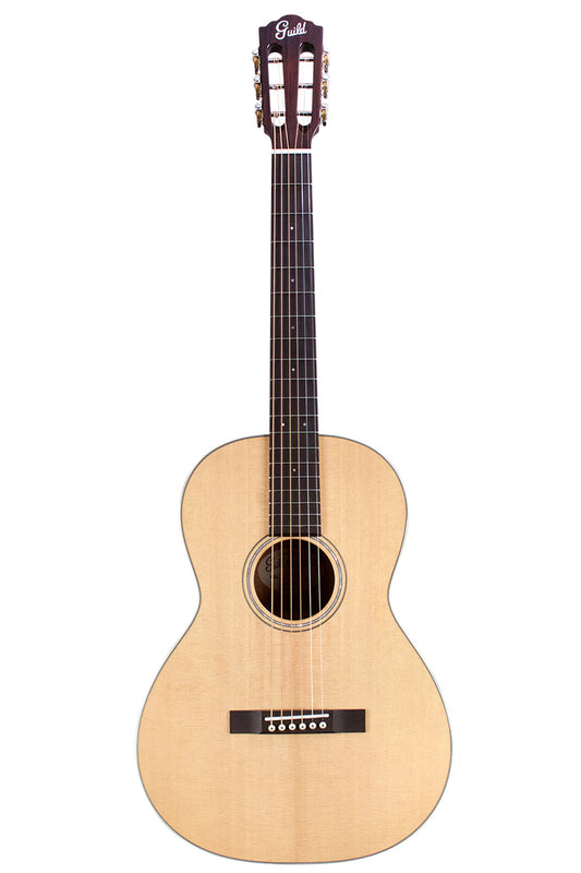 front of a Guild P-240 Memoir parlour size acoustic guitar in natural finish with a slotted headstock