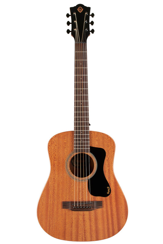 front of a Guild Traveler travel size dreadnought acoustic guitar in natural mahogany