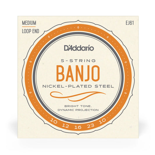D'Addario EJ61 5-String Banjo Nickel Wound Loop End Strings (10-23) Medium