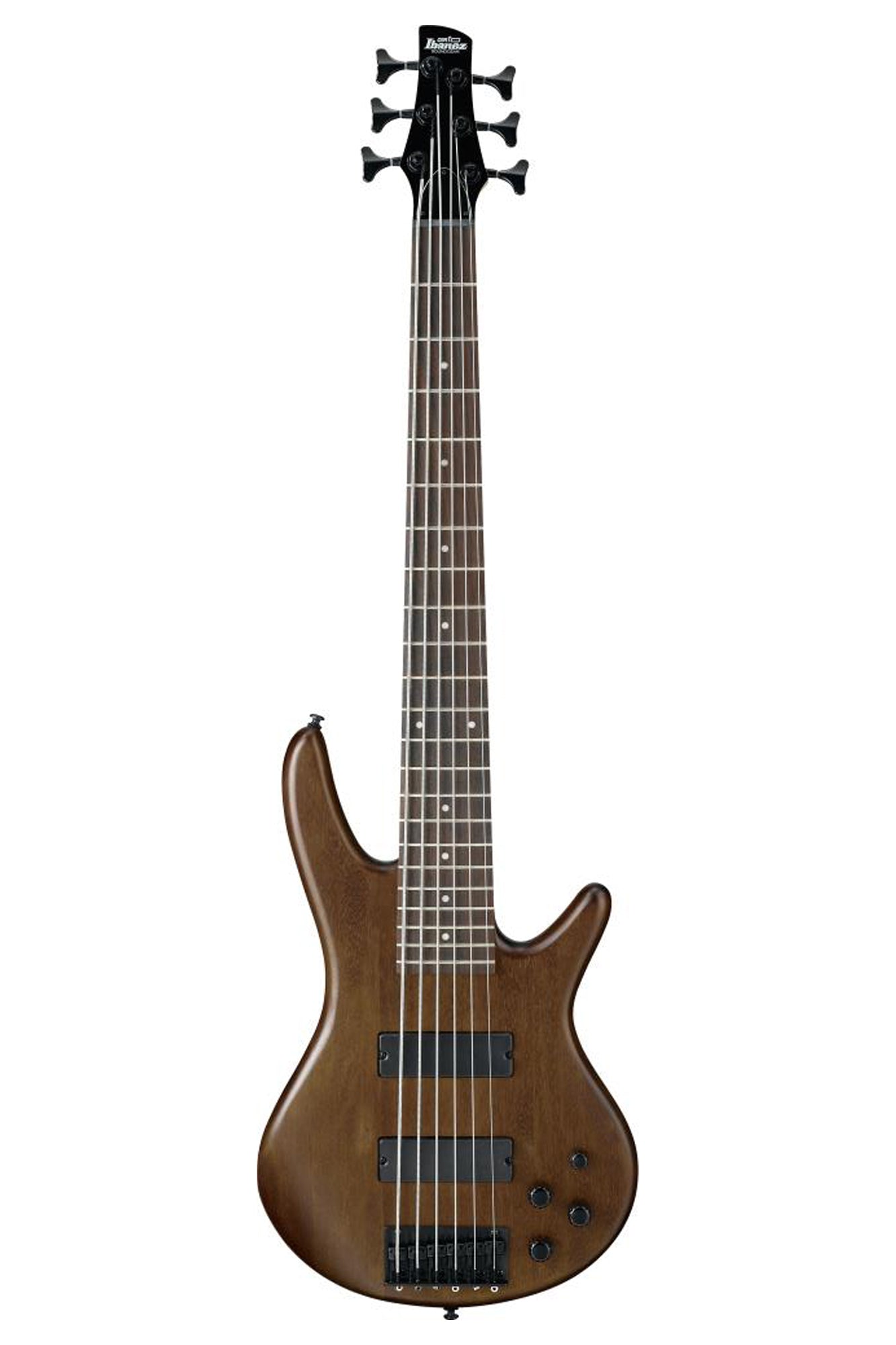 Ibanez 6-string bass in natural walnut finish