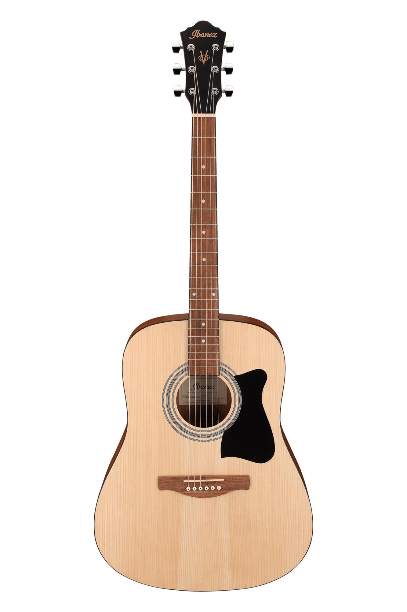 Acoustic guitar with black pick guard and headstock