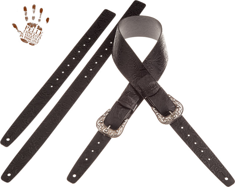 Black engraved leather guitar strap