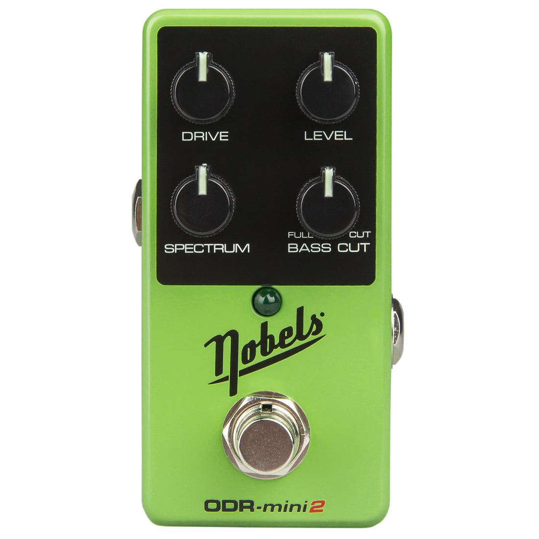Green Nobels ODR-Mini2 guitar effects pedal with black top panel on a white background