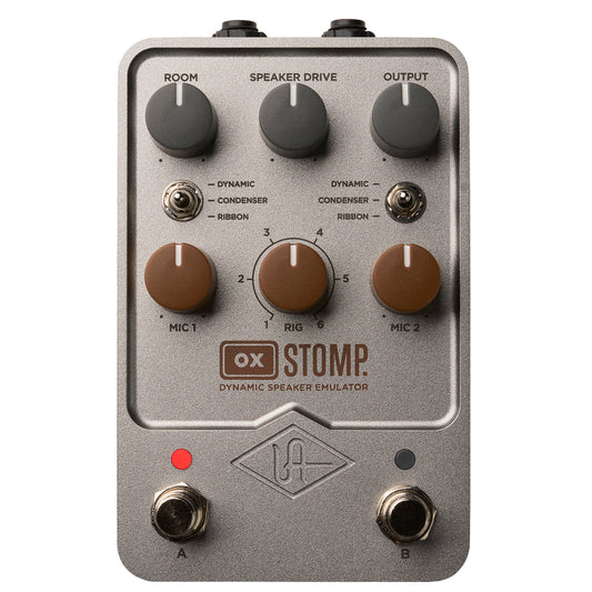 Universal Audio UAFX OX Stomp Dynamic Speaker Emulator Pedal in grey metal with black and brown knobs