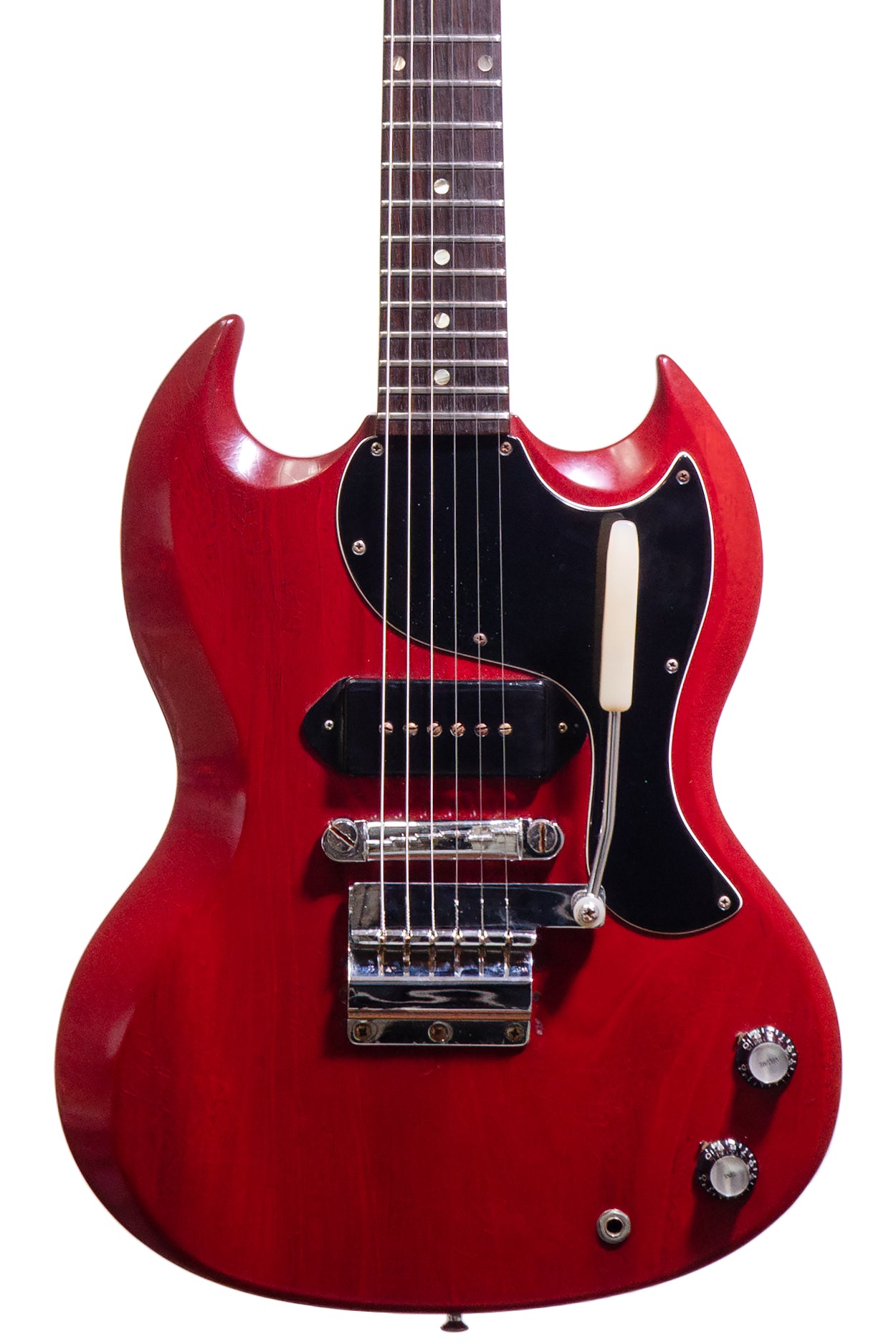 closeup of a Vintage 1966 Gibson SG Junior electric guitar in red