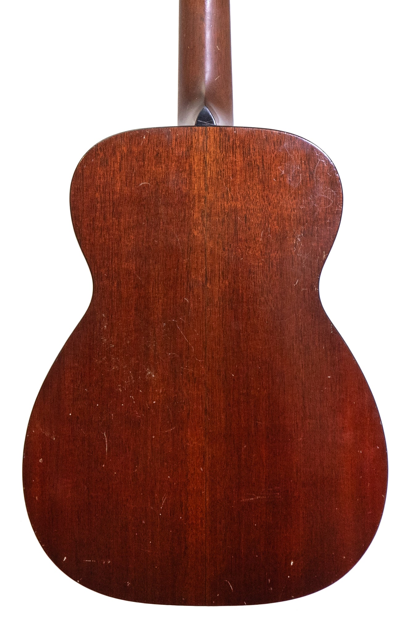 closeup of the back of a vintage 1937 Martin 00-18 acoustic guitar