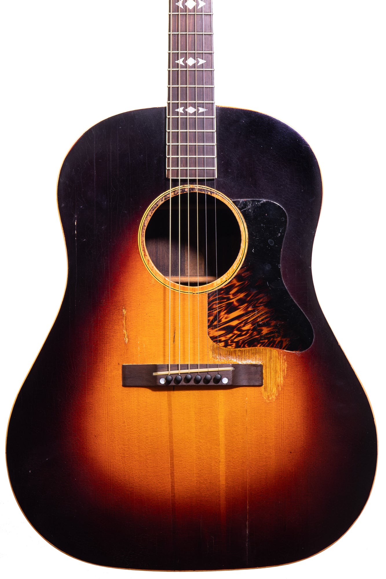 closeup of vintage 1938 Gibson Advanced Jumbo acoustic guitar