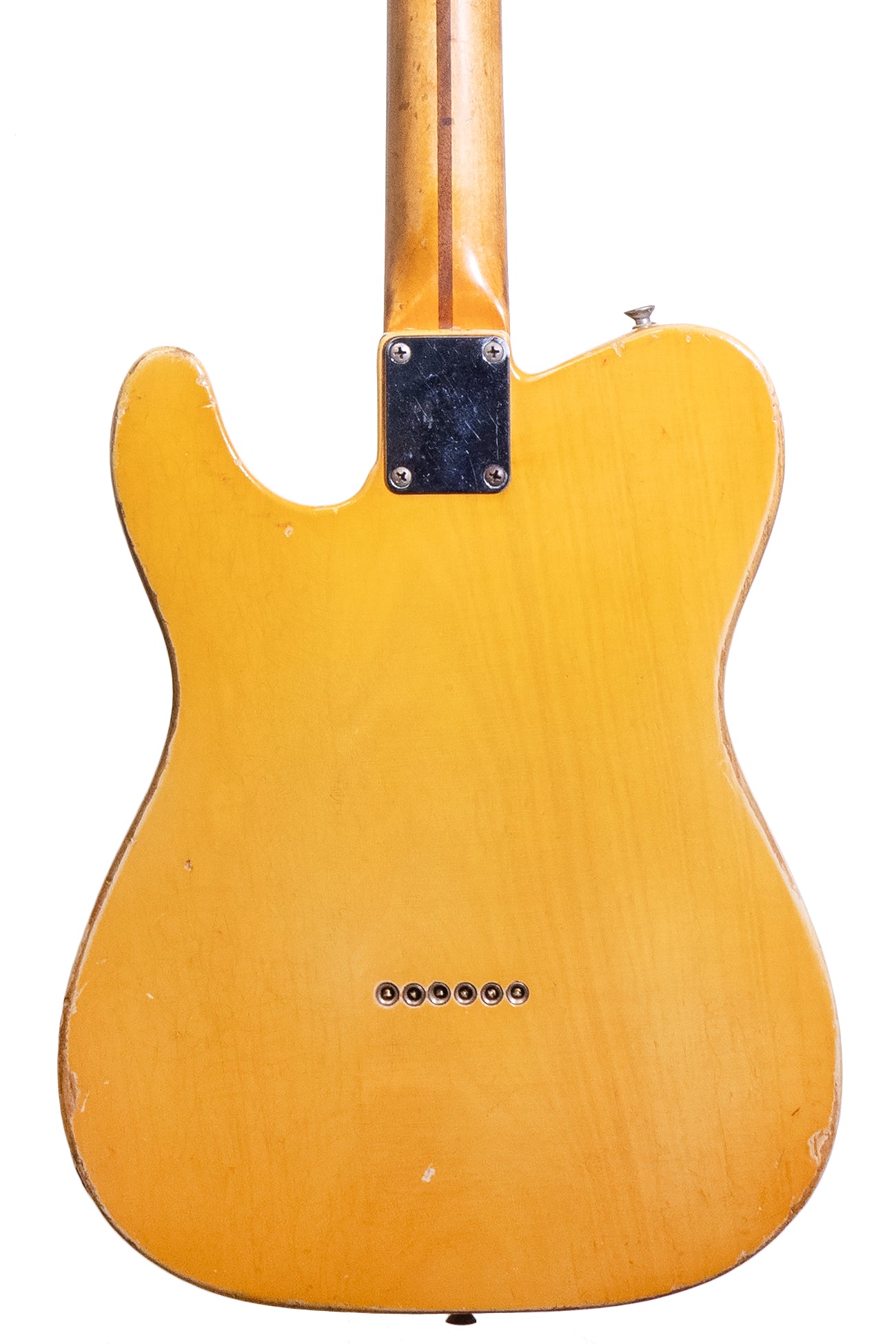 closeup of the back of a vintage 1952 Fender Telecaster electric guitar