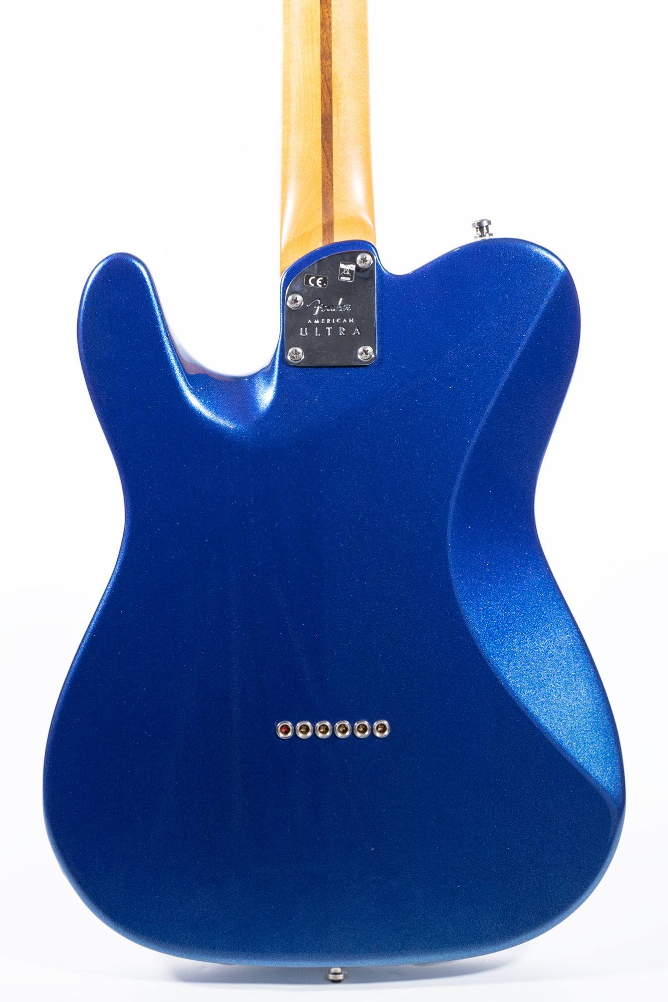 body back of a Fender American Ultra Telecaster in Cobra Blue with white binding, maple neck and fretboard