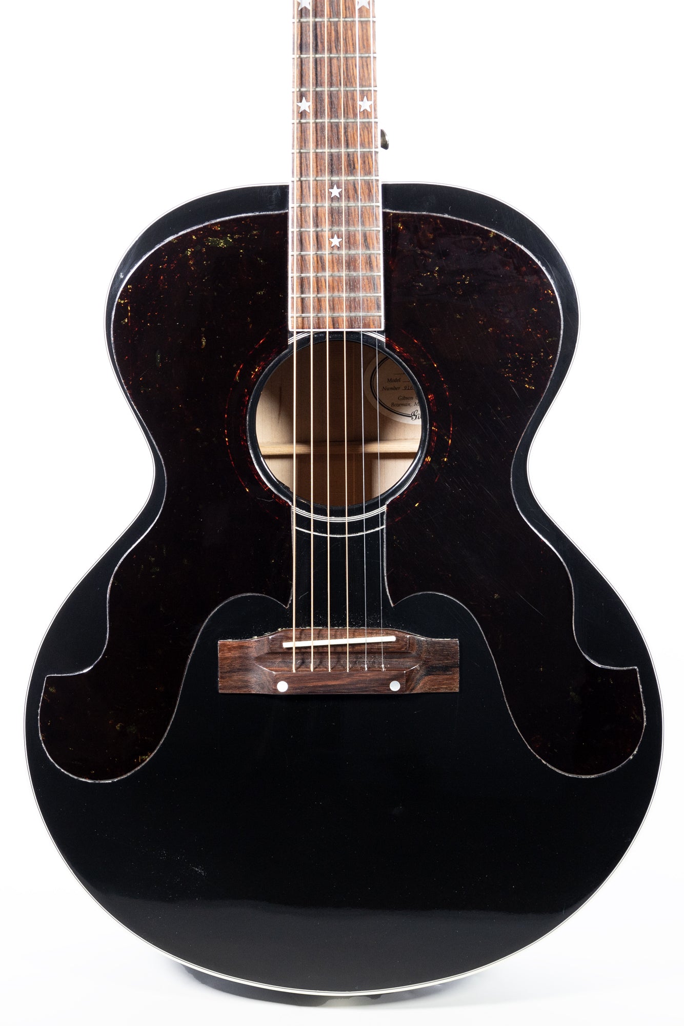 closeup of a Vintage 1993 Gibson Everly Brothers J-180 Limited Edition acoustic guitar