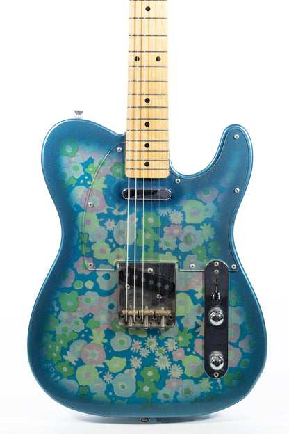 closeup of a Vintage Japanese 1996 Fender Blue Floral Telecaster electric guitar