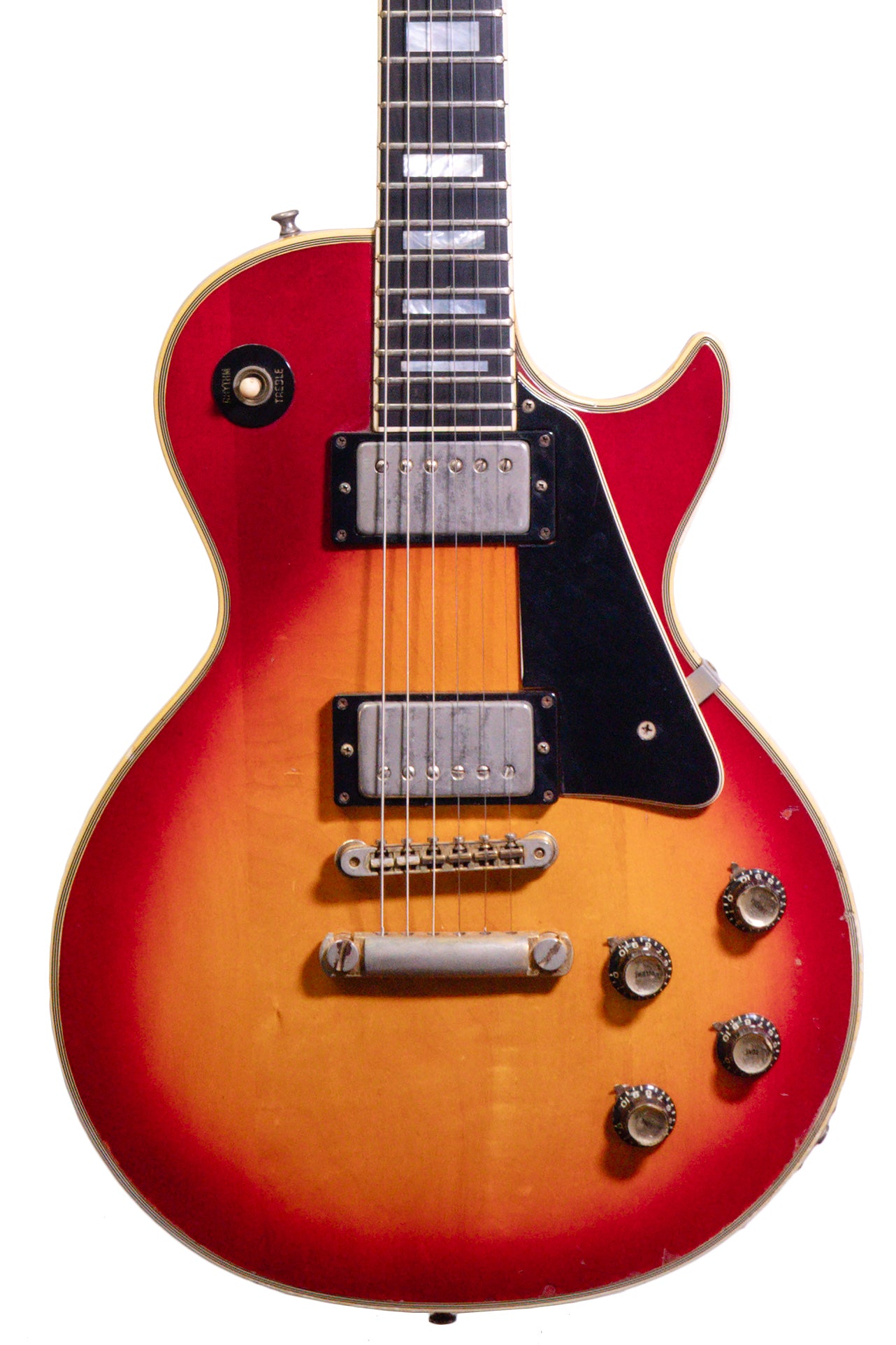 closeup of a vintage 1975 Gibson Les Paul Custom electric guitar