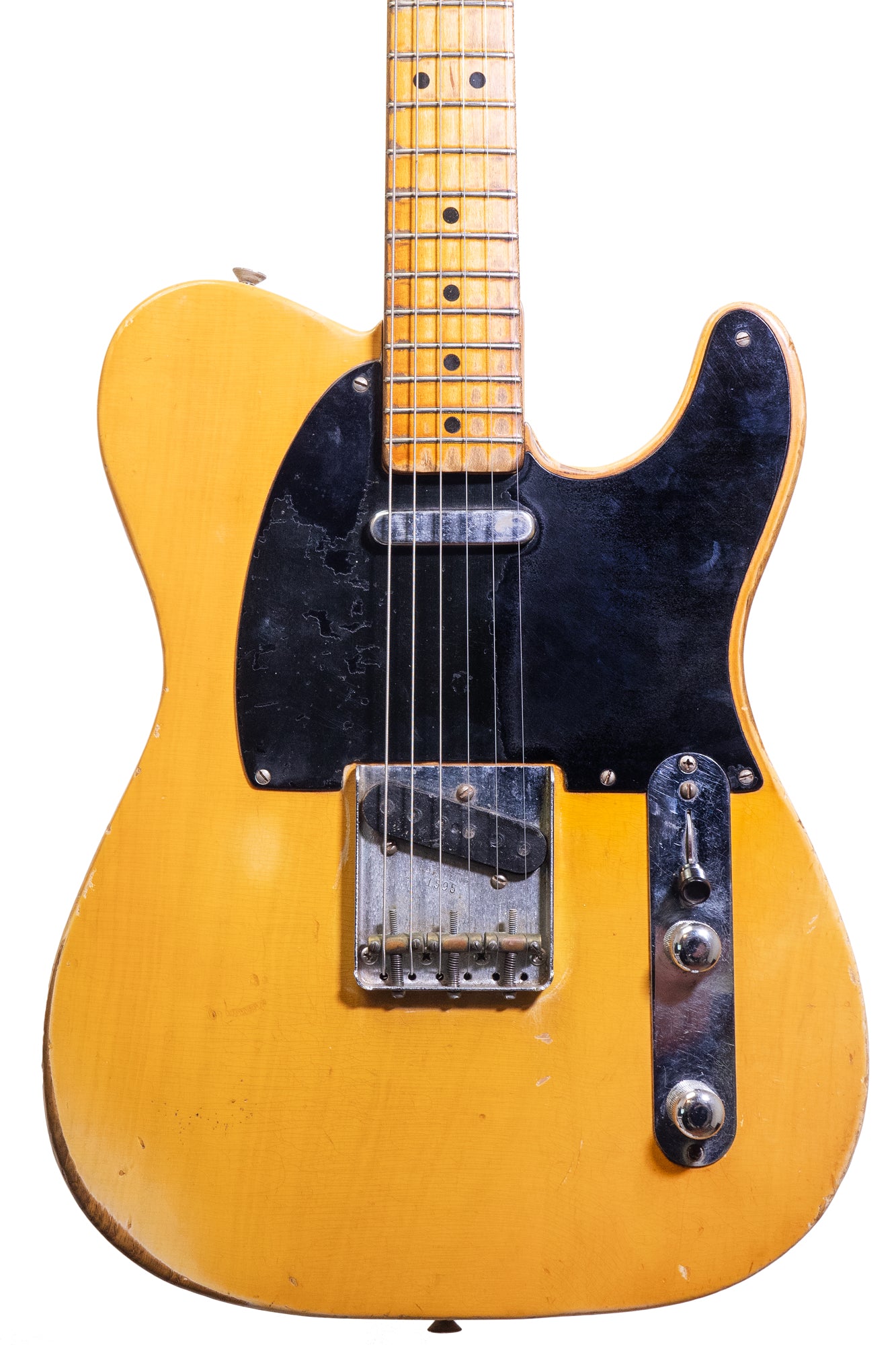 closeup of vintage 1952 Fender Telecaster electric guitar