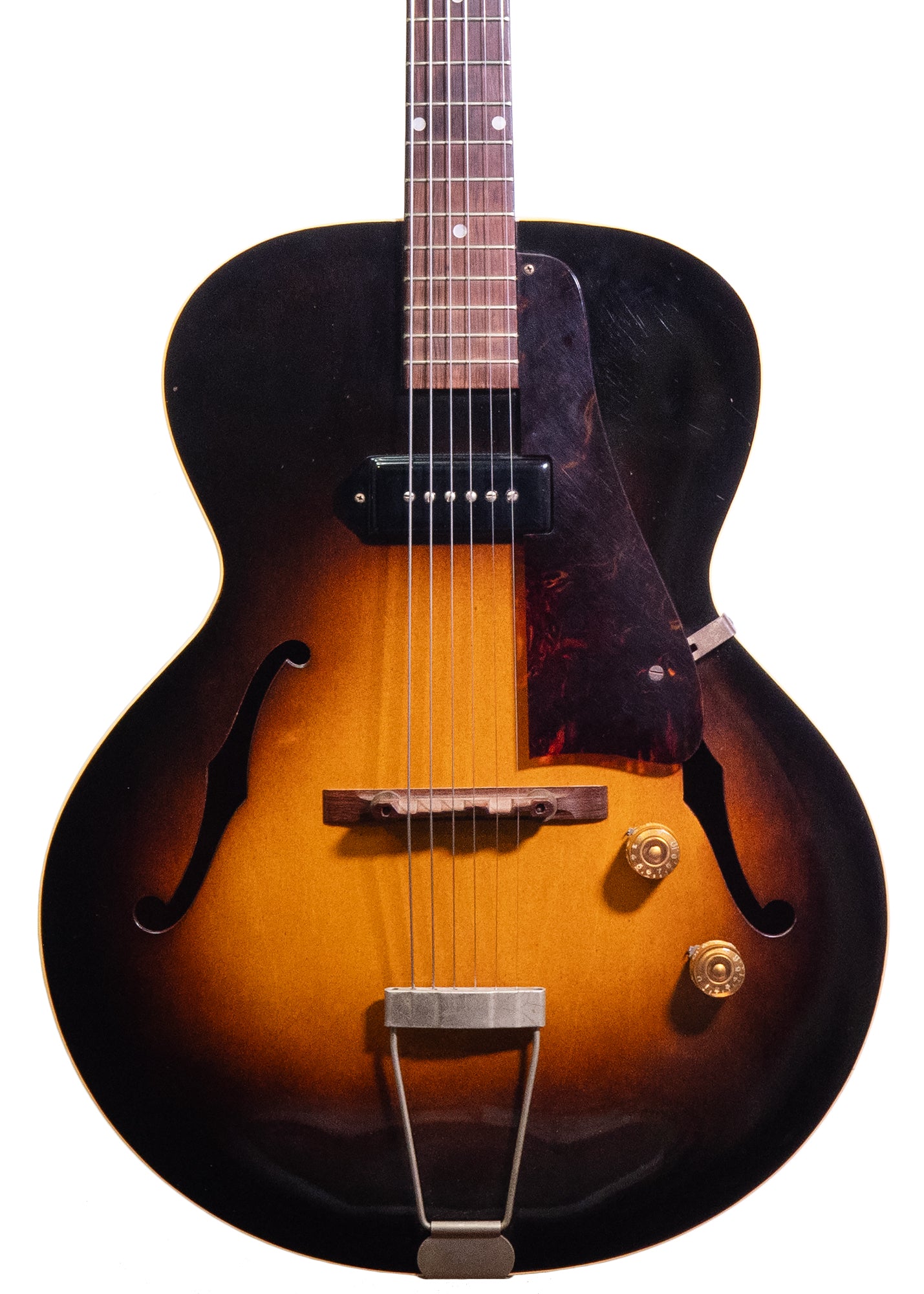 closeup of a vintage 1952 Gibson ES-125 electric archtop guitar