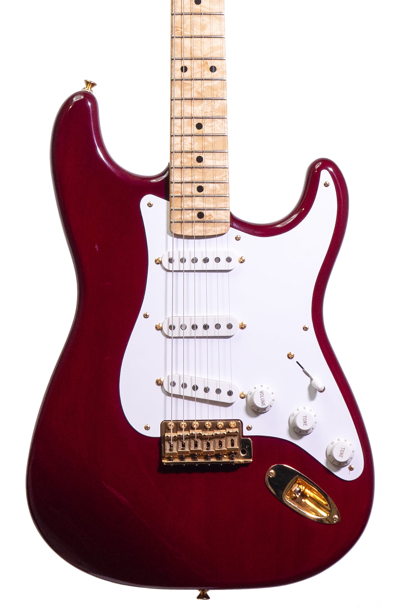 closeup of a rare 1994 Fender Custom Shop 40th Anniversary Stratocaster Limited Edition guitar in red